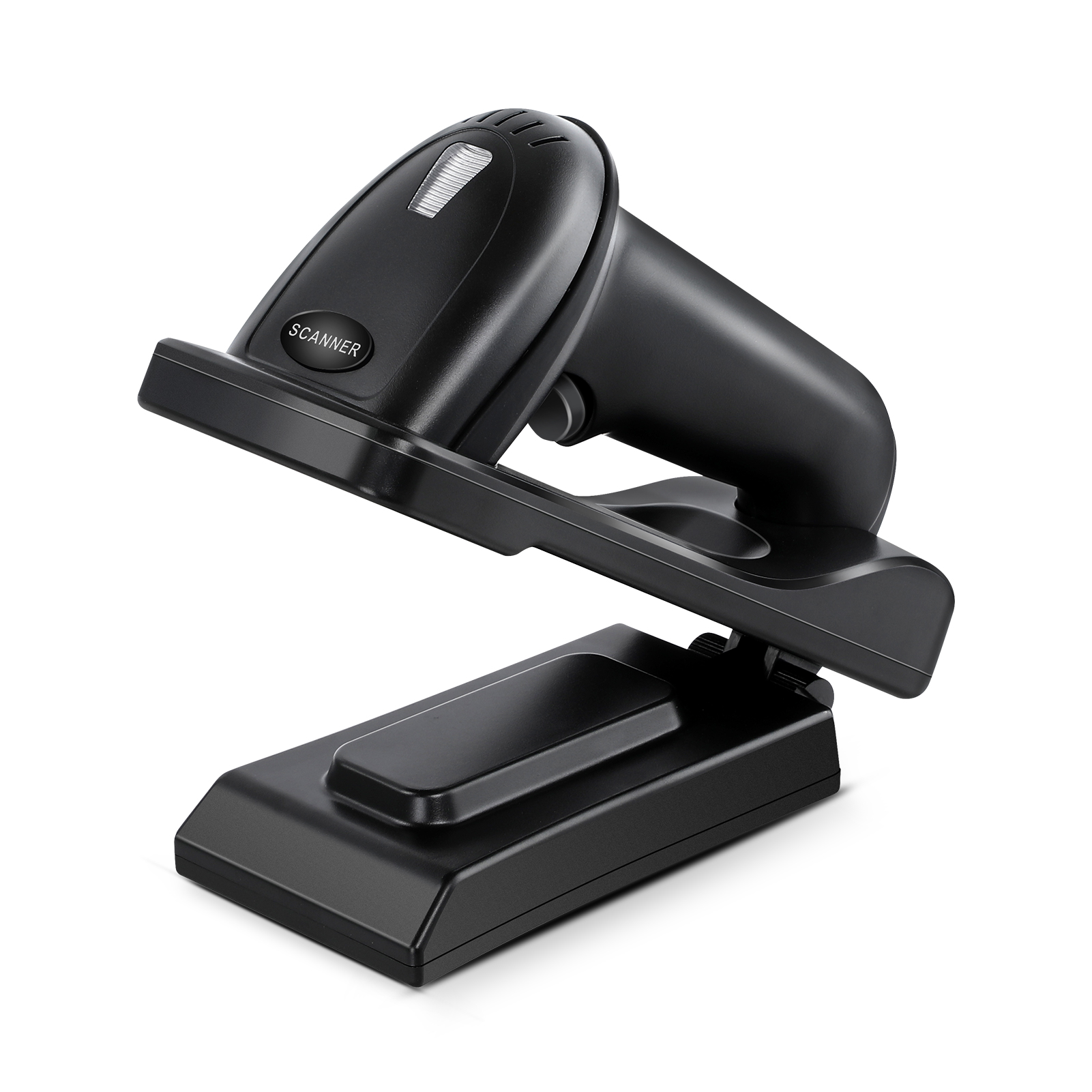 Evnvn Bluetooth Wireless Barcode Scanner Wall Mountable, 2.4G Wireless 1D QR 2D Bar Code Reader CMOS Screen Scanning PDF417 Data Matrix Scan with Adjustable Folding Stand and USB Charging Cradle